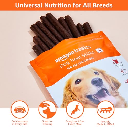 Image of Amazon Basics Dog Treat Sticks 140 gm, Chewy Meat Sticks for Adult Dogs and Puppies, High Protein Dog Treats for Training and Snacks, Made of Real Chicken Meat, Ziplock Pack, Strawberry Flavor