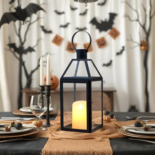 JHY DESIGN Lámparas Decorativas Negras de 40.5 cm de Altura, lámparas de Velas de Acero Inoxidable con Vidrio Templado para Interiores, Exteriores, Eventos, Fiestas y Bodas