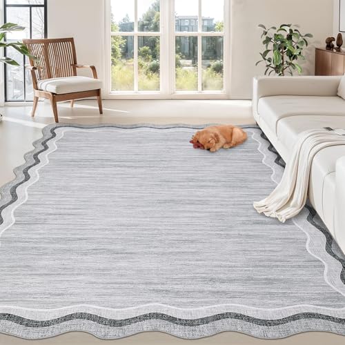 GarveeHome Large Scalloped Rugs 10x13 for Living Room Bedroom Washable Scalloped Solid Rug Non-Slip Stain Resistant Carpet Easy Clean Kids&Pet Friendly Carpet for Farmhouse Dining Room Dorm Grey