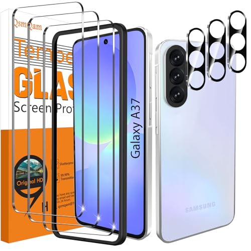 QsmQam 3 Pack Screen Protector for Samsung Galaxy A37 5G + 3 Pack Camera Lens Protector Ultra HD Tempered Glass 9H Hardness Anti Scratch Easy Installation - Case Friendly