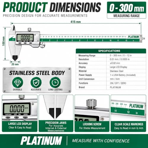 Image of 300mm Digital Vernier Caliper (12 Inch), Stainless Steel Electronic Measuring Tool with LCD Display, 0.01mm Accuracy, Inch /MM Conversion, Precision Measuring Gauge for Engineering & Industrial Use