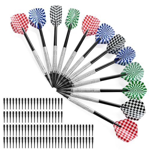 12 Stück Dartpfeile mit Kunststoffspitze Soft Darts Pfeile Set, mit 100 Kunststoff Dartspitzen zum Austauschen für Elektronische Dartscheibe, Profi Softdarts Dartpfeil