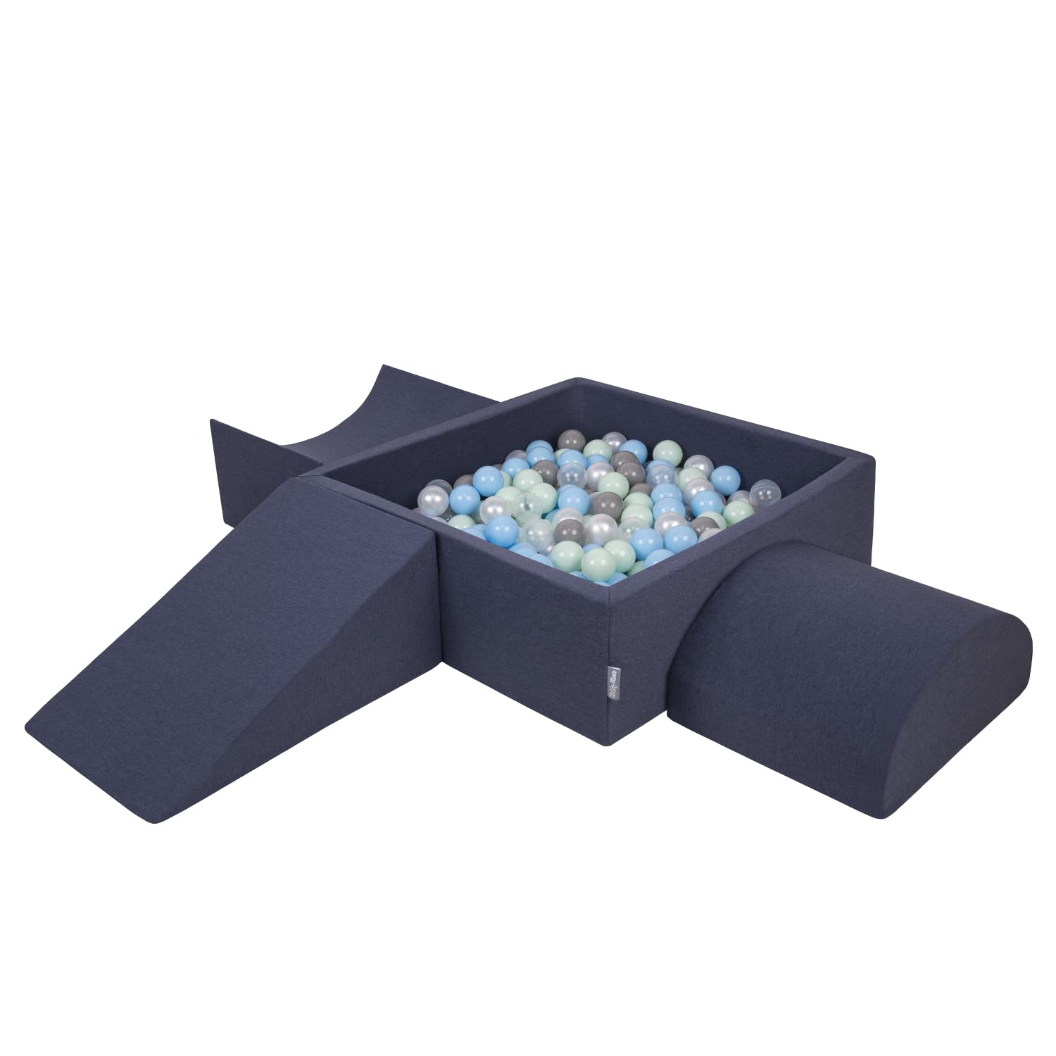 KiddyMoon Aire De Jeux en Mousse avec Carré Piscine À Balles (200 Balles) Fosses À Boules pour Enfants Jouets Parcours Obstacles, Fabriqué en UE, Bleu Foncé:Perle/Gris/Transparent/Babyblue/Menthe