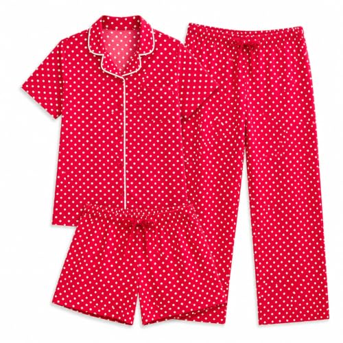Image of US Angels Girls Pajama Set 3 Piece, Short Sleeve Button Down PJs with Shorts & Pants, Soft Sleepwear Girls & Tweens Size 5-16