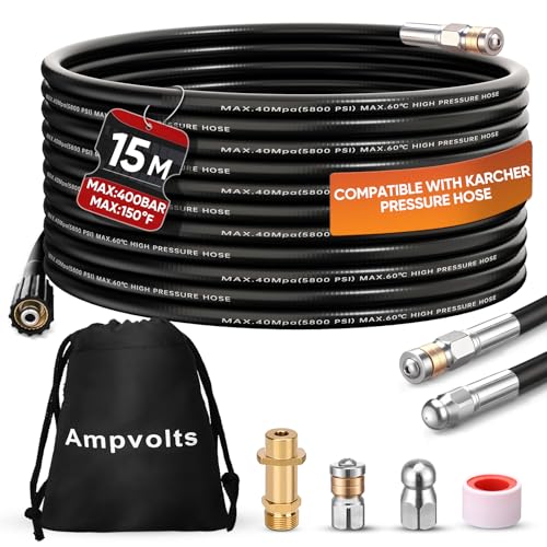 Ampvolts Manguera de limpieza de tuberías de 15 m con adaptador de latón – 400 Bar/5800 PSI, compatible con limpiadoras a presión Karcher K2 K3 K4 K5 K6 K7, para desatascar desagües