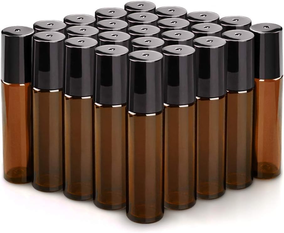 sungwoo 25 Pack Essential Oil Roller Bottles, 10ml Amber Glass Roller Bottles with Stainless Steel Roller Balls and Caps for Travel, Perfume and Lip Gloss