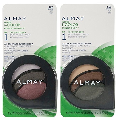 Almay Cosmetics Intense I-Color Everyday Neutrals (120 Greens) and Evening Smoky (160 Greens) Eyeshadow Bundle For Green Eyes, All Day Wear Powder Shadow, Pure, Hypoallergenic, 0.2 oz each