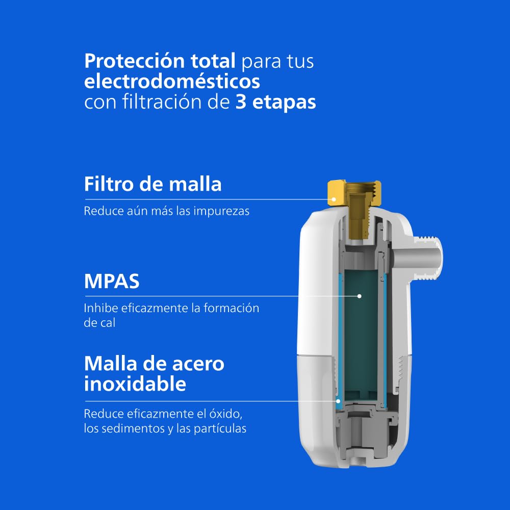Philips Water INHIBIDOR DE CAL, filtración en 3 etapas, capacidad de filtración de 27.000 L, protege tu lavadora, lavavajillas y calentador de agua