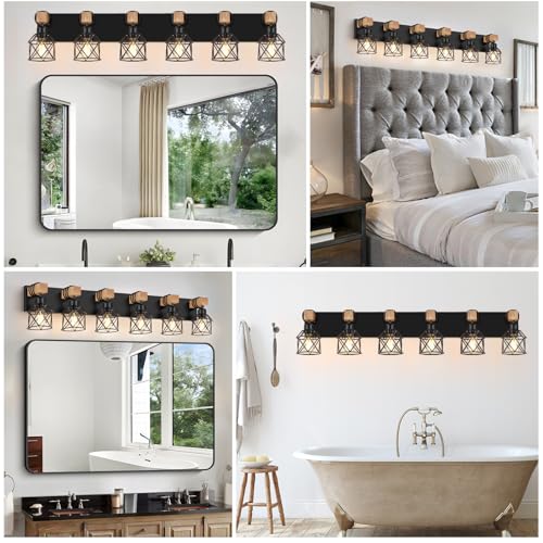 Image of FadimiKoo 6-Light Farmhouse Bathroom Lighting Fixtures, Wood Black Vanity Lights Over Mirror, Rustic Wall Sconces Lighting with Metal Lampshade, Vintage Wall Lights for Bedroom, Living Room, Hallway