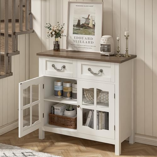 ChooChoo-Farmhouse-Sideboard-Buffet-Cabinet-with-Storage-Coffee-Bar-Cabinet-with-Glass-Doors-Entryway-Cabinet-for-Kitchen-Living-Room-White ChooChoo Farmhouse Sideboard Buffet Cabinet with Storage Coffee Bar Cabinet with Glass Doors Entryway Cabinet for Kitchen Living Room White