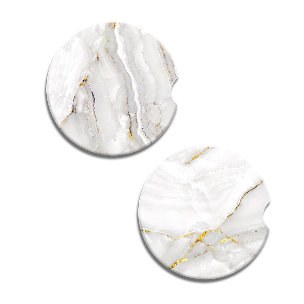 Car Cup Holder Coasters, 2 Pack Universal Auto Anti Slip Insert Coaster,Cerimac Car Coasters with A Finger Notch, Cute Car Assecories for Women Men, Cup Mat for Most Car Interior White Gold Marble