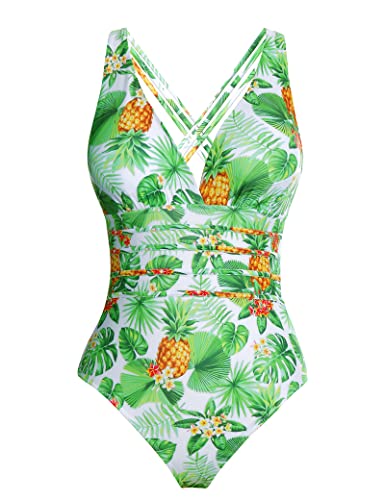 Aottori Femme Maillot de Bain Une pièce Col V Push up Sexy Monokini Elégant Tankini Amincissant Slim Bianco*Foglia XXL Cover