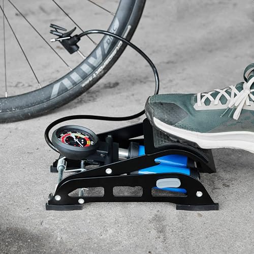 Image of Amazon Basics Foot Operated Tyre Inflator|160 PSI Double Cylinder Portable Foot Air Pump|Rapid Inflation|Hands-Free|Pumping for Car, Bike, Cycle, Balls, Mattresses & More, Black and Blue