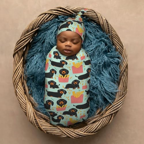 Image of Adorable Dachshunds Newborn Swaddle Blankets Hat Sets Soft Baby Receiving Blanket Swaddle Sack for Baby Shower Infant Boy Girl Gift