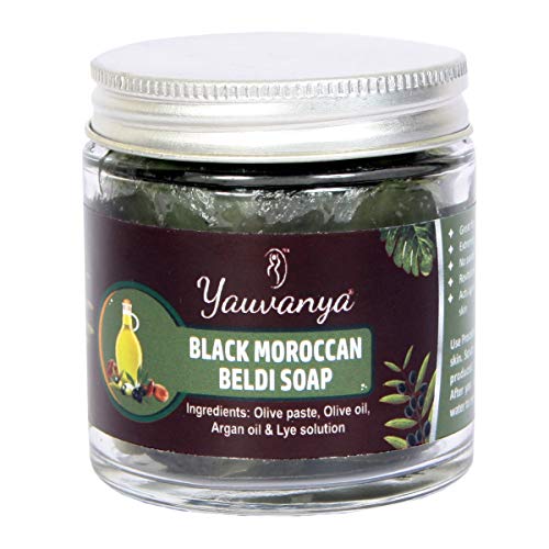 Yauvanya Jabón Beldi Marroquí Negro 100 g Jabón Tradicional Hammam con Aceite de Oliva y Argán