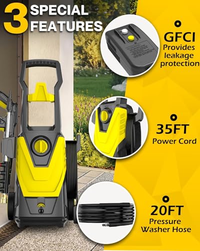 AgiiMan Electric Pressure Washer, 4000PSI Max 2.8 GPM Power Washer Electric Powered with 20FT Hose, 4 Nozzles, Foam Cannon, High Pressure Cleaner Machine for Cars,Patios,Furniture,Driveways, Yellow