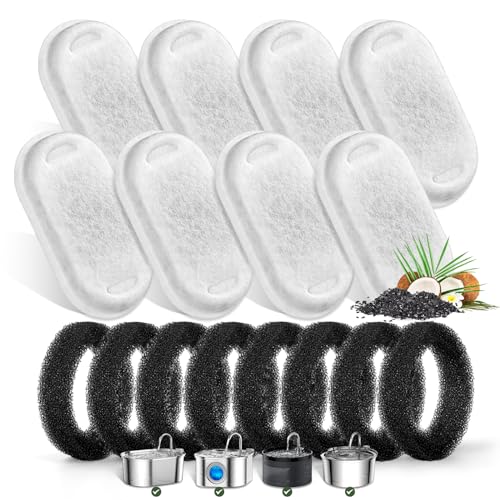 Cat Water Fountain Filters for Stainless Steel 67oz/2L Adjustable Water Flow Pet Fountain 8 Pack Pet Replacement Filters with 8 Sponges