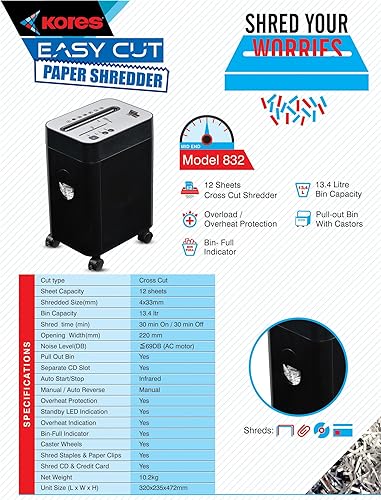 Image of Kores Easy Cut 832 Paper Shredder | 12-Sheet Cross Cut (P4) | Office Use | Pull-Out Bin | Bin Full Indicator | High Security Document Shredder