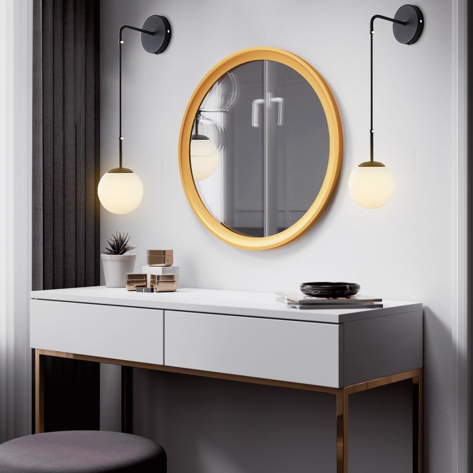 Image of LED Plug in Wall Sconces,Indoor Wall Lights,E26 Wall Mounted Lamps with Spherical Lampshade,Switch and Plug for Bedroom,Bathroom Lighting Fixtures,Black,2 Pack