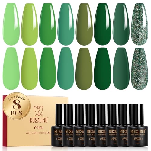 ROSALIND Esmaltes Semipermanentes Verde, 8 Color Verde Claro Oscuro Glitter Colores Semipermanentes Uñas, Mini UV/LED Pintauñas Semipermanentes Manicure Regalo