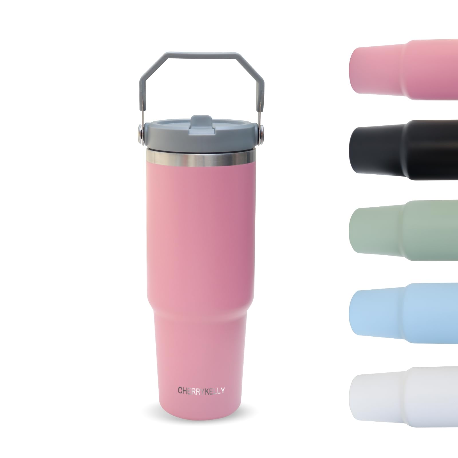 CherryKelly 30oz (850ml) Travel Mug with Handle, Travel Tumbler with Straw Lid, Stainless Steel Vacuum Insulated Coffee Cup, Double Wall Travel Flask Car Mug, Leak Proof Water Bottle - Pink