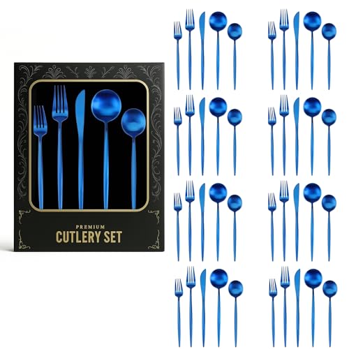 Image of aDai Korean Premium 40 Piece Stainless Steel Cutlery Set | Modern Flatware for Dining | Elegant Gift Box for Everyday Use (Blue)