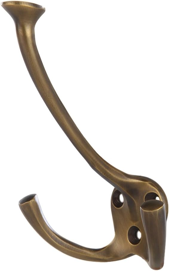 A29 Set of 4 Double Coat Hooks, Heavy Duty Wall Mounted 4 1/2 Inches, Triple Coat Hooks, Utility Iron Decorative Hooks with Easy Installation Hardware, Antique Brass Finish