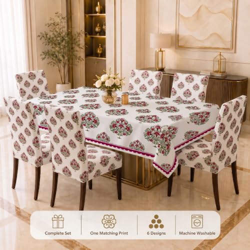 Image of Cloth Fusion Dining Table Cover with 6 Chair Covers, 6 Seater Table Cloth | Table cover and every chair cover in one matching print; 4-way stretch chair covers; 6 designs; washable, not PVC