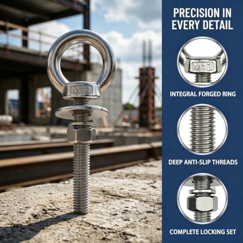 4 Pack M12 Stainless Steel Eye Bolts with Nuts, 1/2"x6" Long Lifting Ring Eye Bolt,Eye Bolts Heavy Duty for Hang Tie Down Outdoor (4, M12x153mm (1/2"x6")) by Mi Metty - Image 3