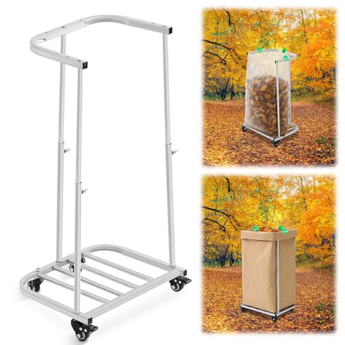 Otoolling Trash Bags Holder Adjustable Metal Leaf Bags Holder with Wheels and Clips Holds 30-45 Gallon Capacity Outdoor Lawn Mobile Garbage Cart for Leaves Cleanup Camping Weeding Lawn Yard Fall Party
