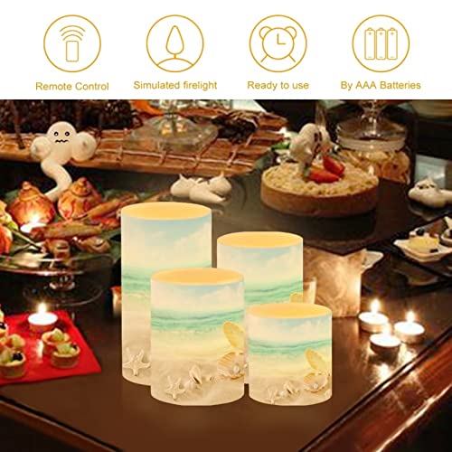 Image of Flameless LED Battery Candles 4PCS Pillar Candles with 18-Key Timer Remote Colorful Light for Party Celebration Decor, Beach Mussel Starfish Seashell