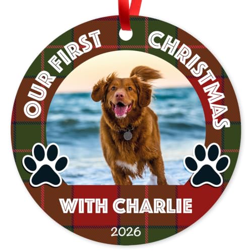Customized Dog Ornament, Personalized Text and Photo Our First Christmas for Dogs Christmas Ornaments for Pets and Cats Decor,Velvet Pouch Included, Large ACM Made in the USA