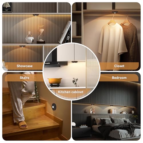 Image of Yiliaw Rechargeable Puck Lights with Remote, Magnetic Under Cabinet Lighting, 1500mAh Battery Operated LED Lights for Kitchen, Closet, Shelf - 3 Color Temps, Black, 6 Pack