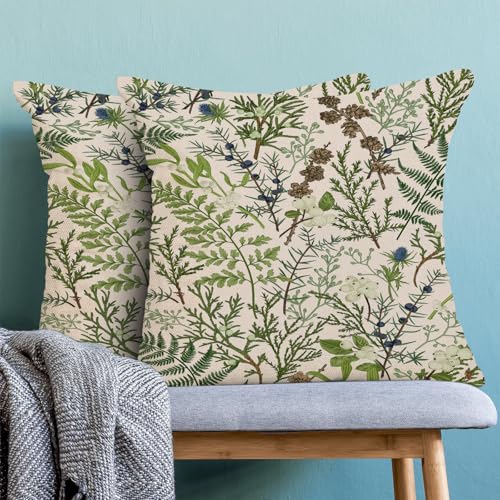 Image of AEIOAE Spring Pillow Covers 20x20 Inch Set of 2,Vintage Sage Green Wild Flower Plant Throw Pillows Case,Seasonal Floral Outdoor Decorative Linen Farmhouse Decor Cushion Covers for Sofa Bed Couch