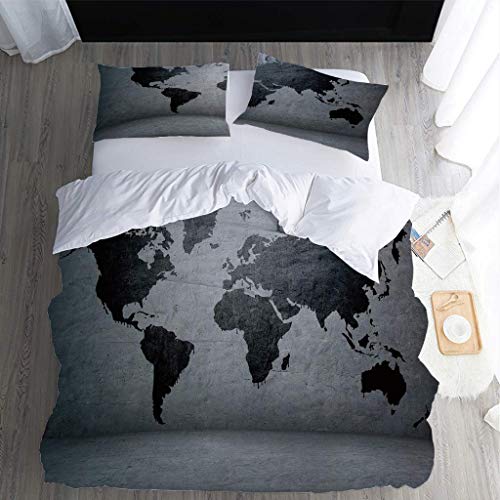 MQBHJI Housse De Couette 220X240 cm 3D Carte du Monde Gris - Parure De Lit Adulte en Microfibre 2 Personnes avec Fermeture Éclair, Housse Couette Imprimé avec 2 Taies d'oreiller 65X65 cm Cover