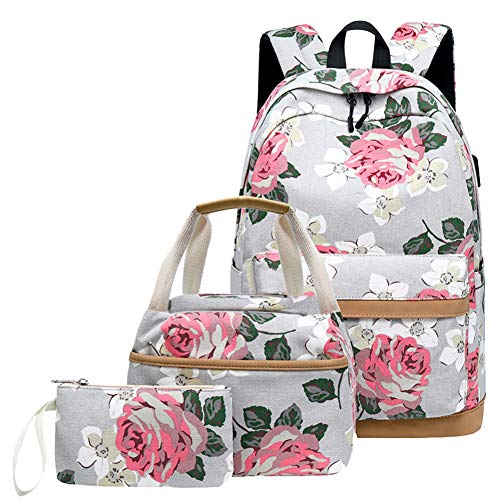 AGOWOO Teens Girls Floral High School Bookbag College Backpack with Lunch Box USB Port 3 Set Grey