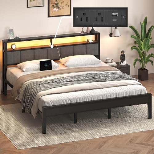 Image of E-Motie King Size Bed Frame with LED Lights and Charging Station, Wood Storage Headboard with 2-Tier Shelves, Heavy Duty Metal Slats, No Box Spring Need, Noise Free, Easy Assembly, Light Grey