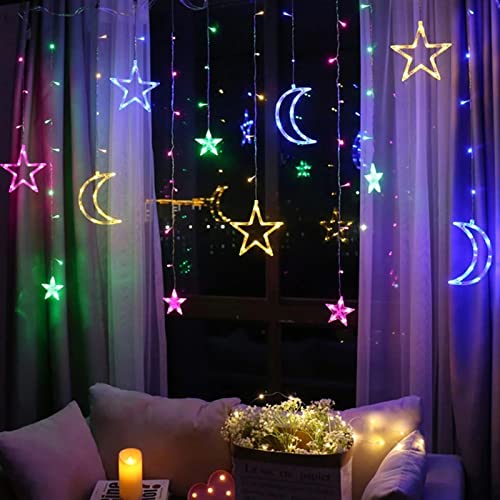 Galer Star Moon,Multcolor Star Moon Christmas Window Lights, 3.5M Led Christmas Curtain String Lights, Battery Powered Garland Ramadan Decorations For Home, Xmas, Wedding, Party, Terrace, Ramadan, Eid, Lawn (Multicolor)