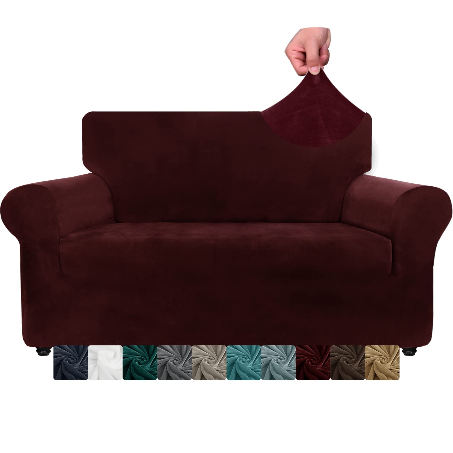CHELZEN Velvet Couch Covers 2 Seater Thick Stretch Sofa Covers for Dogs Pets Non-Slip Love Seat Couch Slipcover Washable Furniture Protector for Living Room (2 Seater, Wine Red) โ image 1