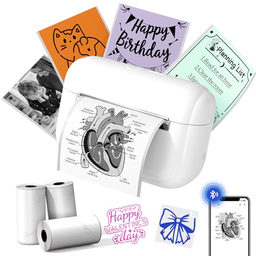Memoking Mini imprimante avec 3 Rouleaux de Papier Autocollant, Bluetooth Mini imprimante Thermique Portable Q02E pour Notes d'étude, Photos, création,...