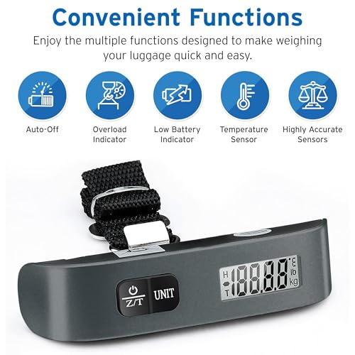 Image of Etekcity Luggage Scale, Travel Essentials, Digital Suitcase Weight Scales for Travel Accessories, Hanging Baggage Scale with Temperature Sensor, Rubber Paint, 110 Pounds, Battery Included,Grey