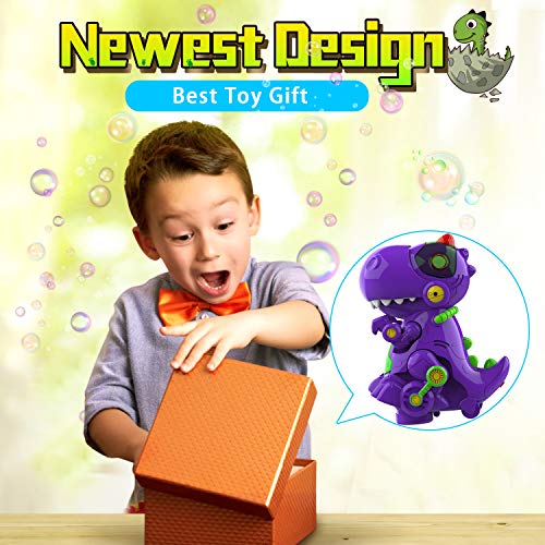 WisToyz Bubble Machine Dinosaur Bubble Blower, Walk & Stay Still Two Settings, Music & Light, Bump N Go Feature, Toddler Toys Bubble Machine for Kids, Two Bottles of Bubble Solution & Screwdriver