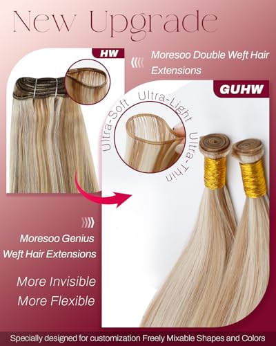 Image of Moresoo Genius Weft Human Hair Extensions, Highlight Brown with Blonde | Made with Remy human hair, 20 Inch 60g, flowing layers for weddings, photoshoots and special events