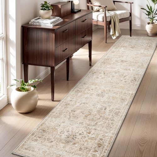 AMOAMI-2X10 Runner Rug-Washable Runners for Hallways-Soft Non Slip Bedside Rugs for Bedroom-Vintage Long Rug for Hallways Entryway Laundry Room Stair Kitchen Bathroom Beige Beige 2' x 10' (R