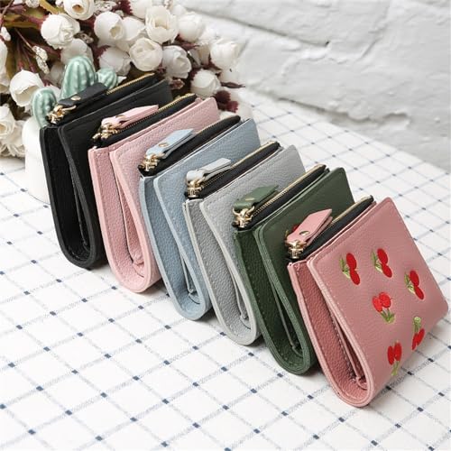 Cute Cherry Embroidered Wallet Small Bifold Coin Purse Cherry Print Zipper Around Credit Card Holder RFID Blocking (Black)3