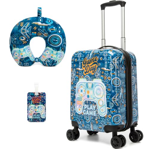 Image of Kids Luggage Set Carry On Suitcase with U shaped Pillow Rolling Toddler Suitcase for Boys Travel Set Hardside Luggage with Spinner Wheels Airline Approved, Game Controller Pattern