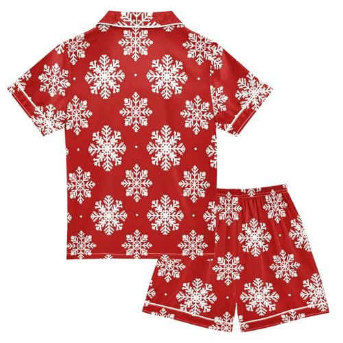 Red Snow Holiday Pattern Summer Satin Pajama Set, Cute Button-Down Sleepwear Pj Set for Sleep Wears2