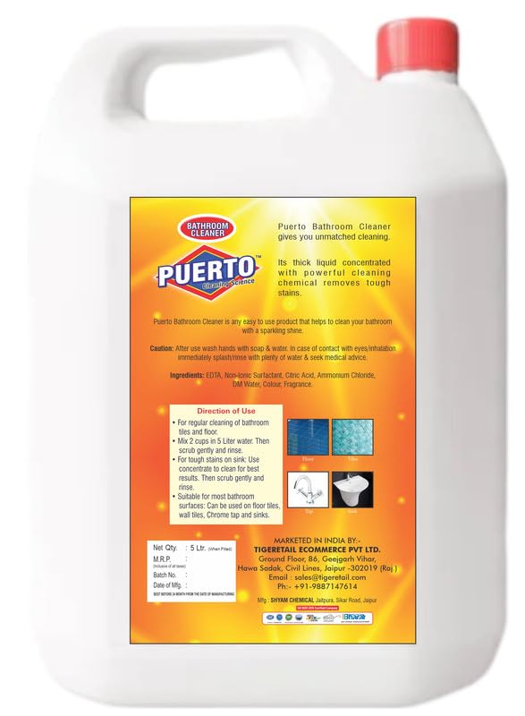 Image of Puerto Bathroom Cleaner - 5 Ltr (Pack of 1) Refill| Suitable for Bathroom floors, Slabs, Wall tiles, Sinks, Basins, Stainless Steel taps and Shower heads