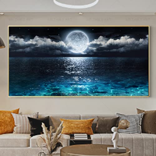 Paysage marin art pleine lune decoration murale salon moderne toile ocean bleu clair 60x120