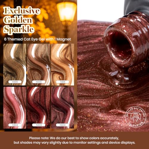 Image of Beetles Cat Eye Gel Nail Polish Set - Gilded Street Fall 6 Colors Glitter Gel Polish Kit Brown Red Gold Green 3D Shimmer Effect Soak Off UV DIY Salon Nail Art Fall Manicure Gift for Women